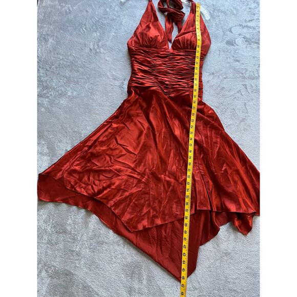 Vintage Y2K Cache Silk Ruched Dress 4 Burnt Orange Rust Asymmetric Fairy Halter - Picture 13 of 16